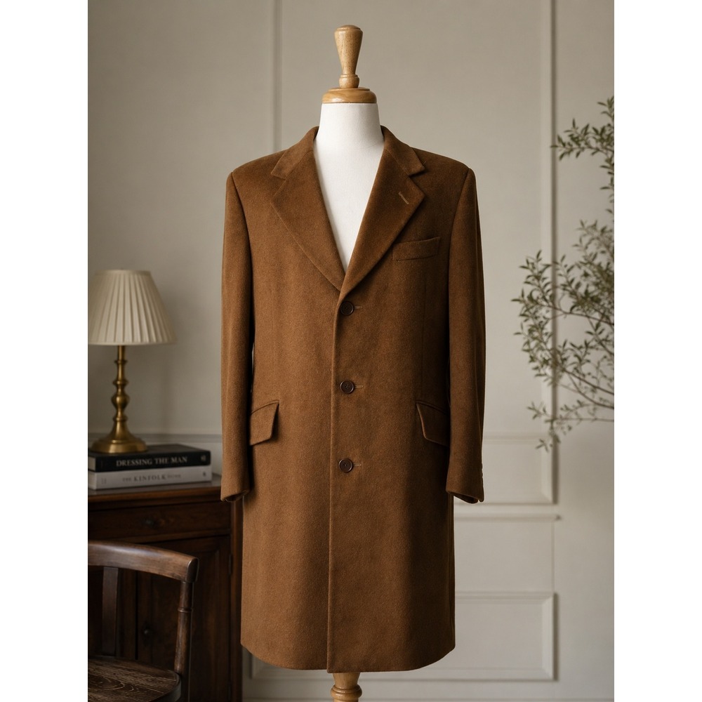 Vintage 100% Cashmere Camel Brown Overcoat Mens M Long Coat Quiet Luxury